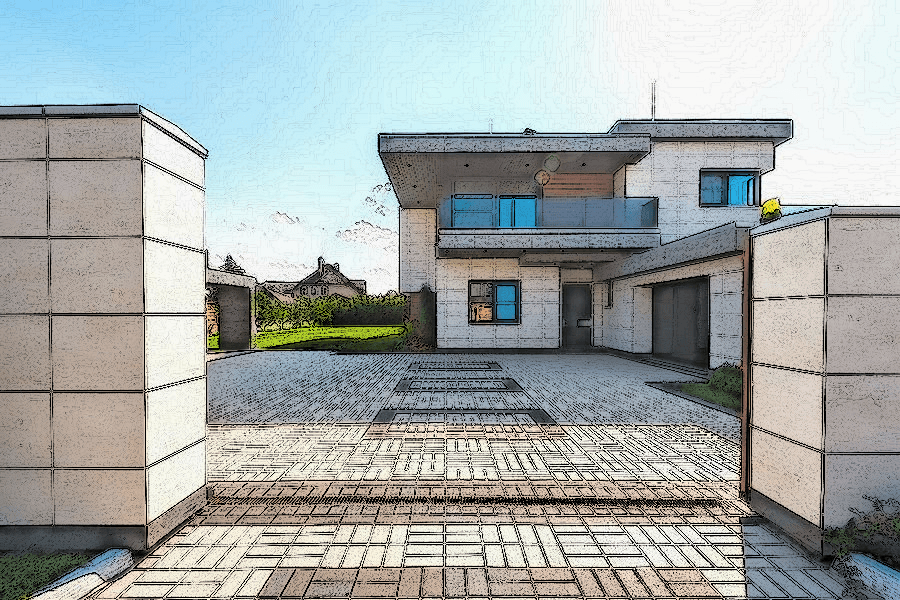 Modern Villa — Flat-Roof Contemporary, rendered as a painted drawing