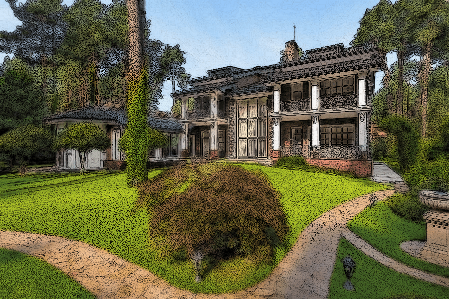 Colonial Manor — Columned Portico, rendered as a painted drawing